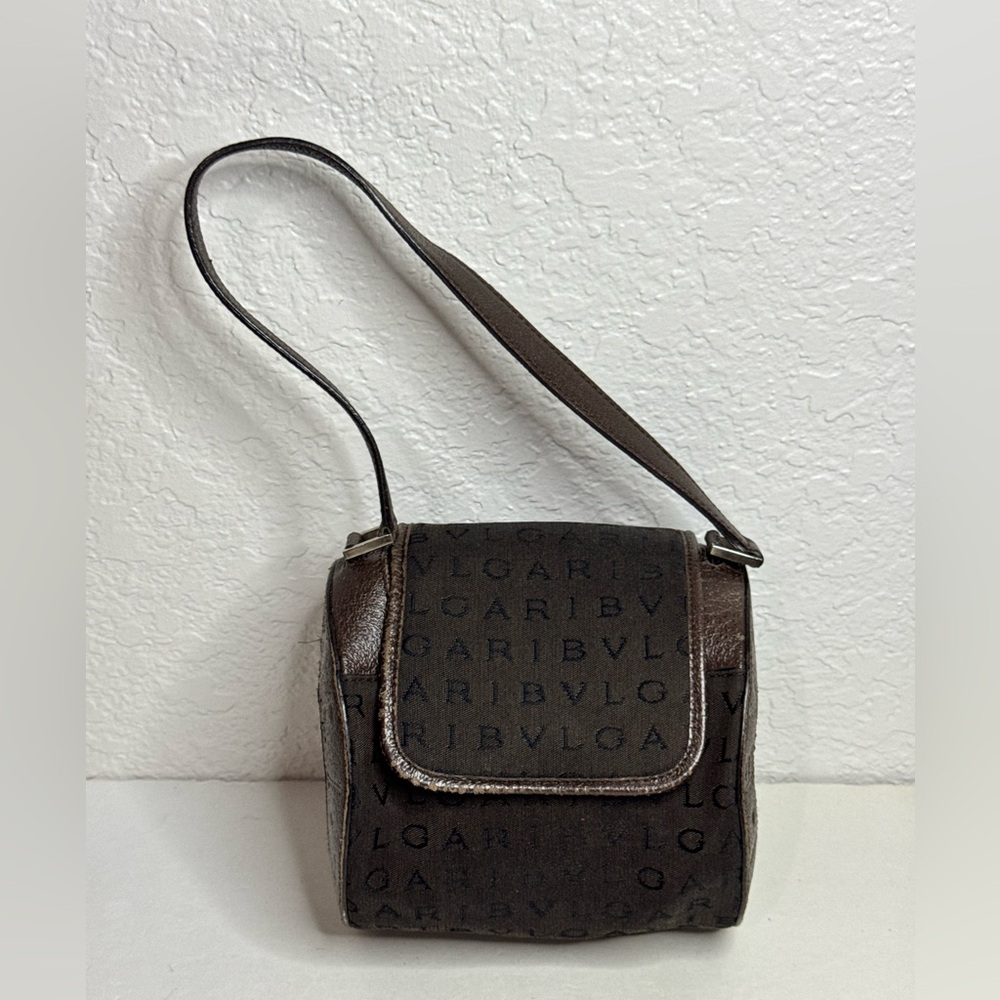 Bvlgari Rare Vintage Brown Canvas and Leather Cylinder Bag